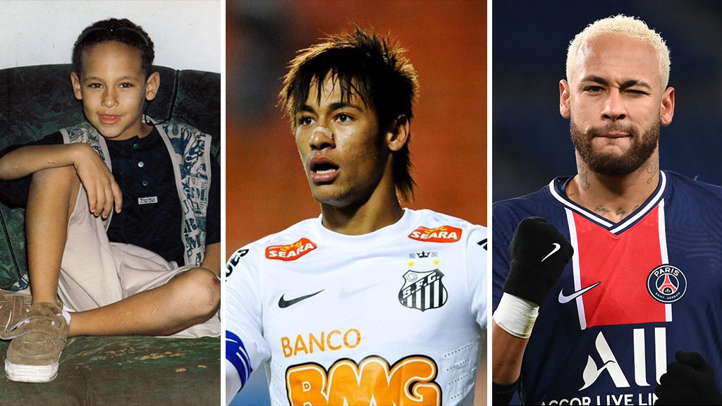 Neymar criança, no Santos e hoje no PSG.