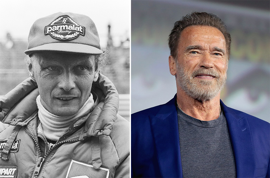 Nicky Lauda em 1982 e Arnold Schwarzenegger hoje.