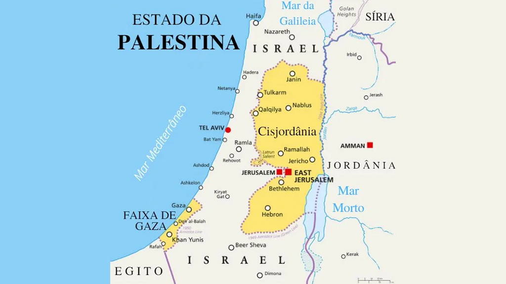 Mapa dos Estados de Israel e Palestina