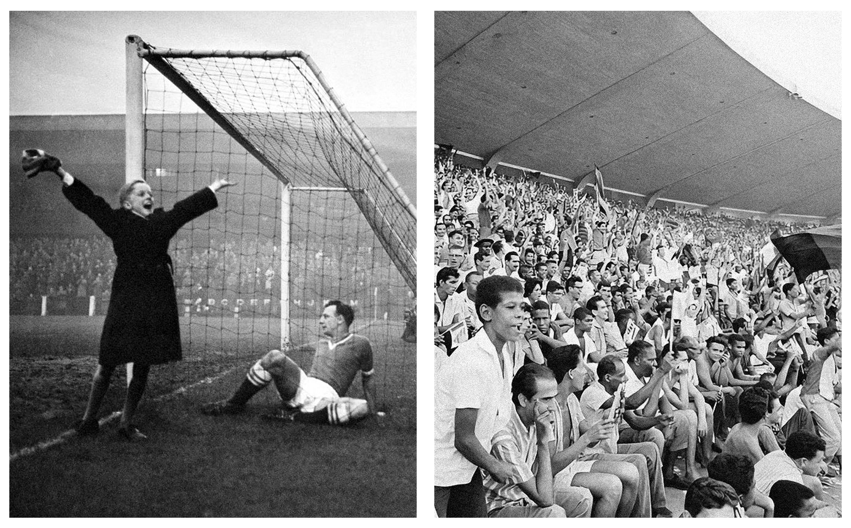 Duas crianças (Londres e Rio, década de 1960) comemorando um gol, separadas por um oceano.