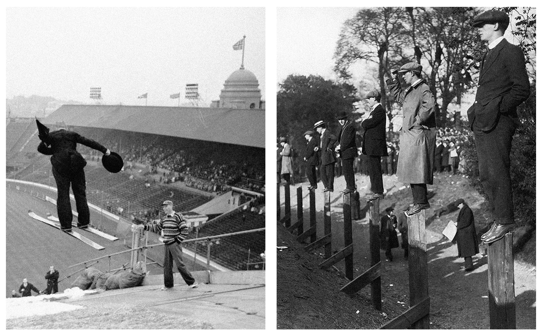 Salto de esqui em Wembley e torcedores em Chelsea, assistindo a uma partida.