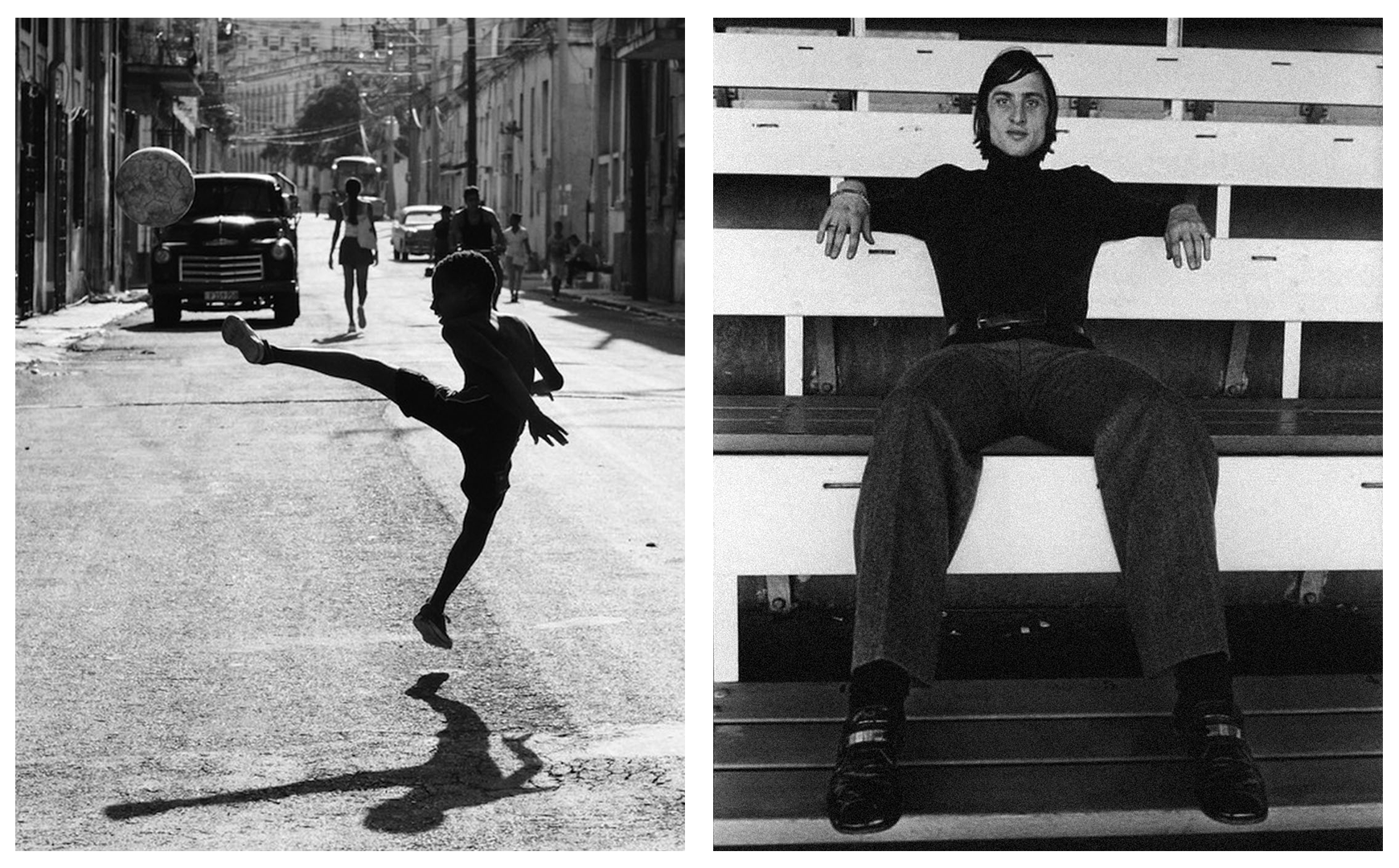 Uma criança jogando bola em Havana e Cruyff posando para uma foto.