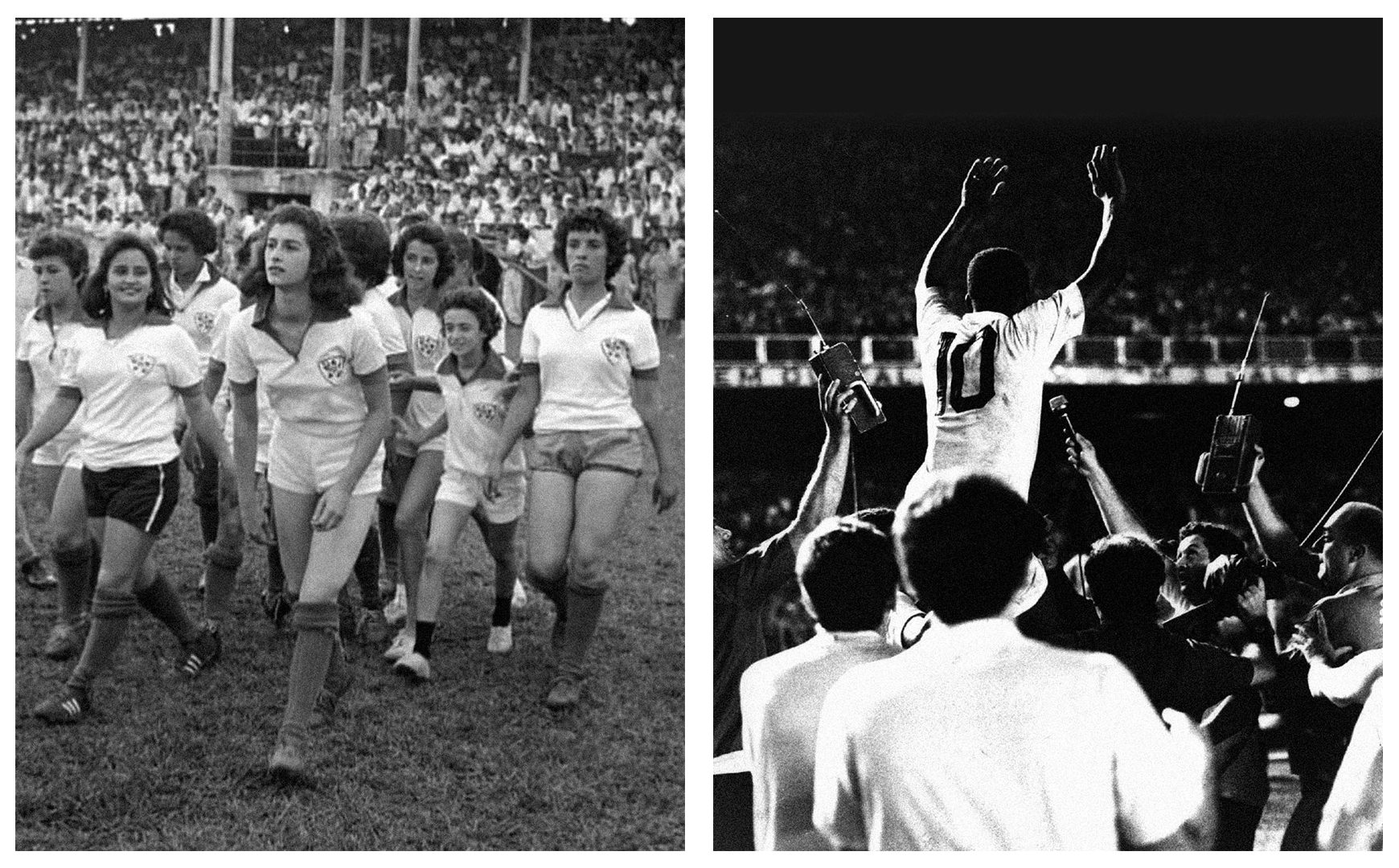 Time feminino do Araguari AC em 1958 e Pelé comemorando o gol 1.000.