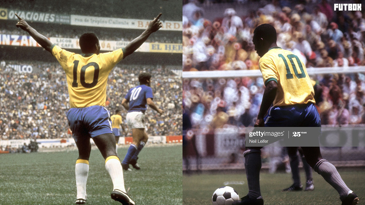 Pelé com o 10 da Umbro à esquerda e com a Athleta à direita