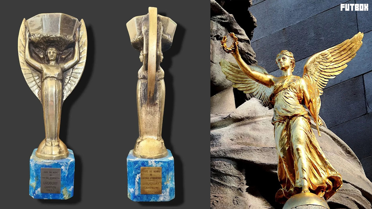 Taça Jules Rimet de 1950 e a estátua da Deusa Nike